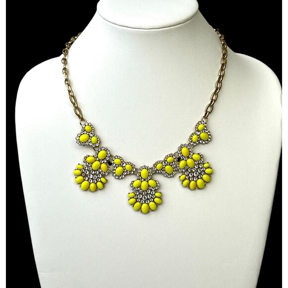 J Crew Necklace Yellow Bead Flowers Clear Rhinestones Gold Tone Chain Sparkle - Picture 3 of 11